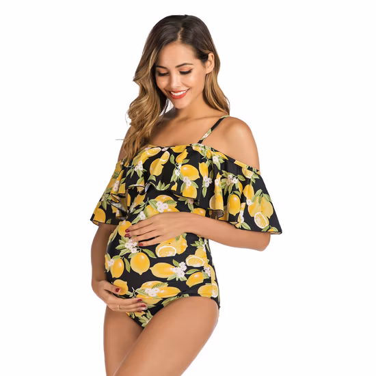 Traje de baño de natación maternidad embarazada gran volante un hombro ropa de playa con estampado de limón amarillo